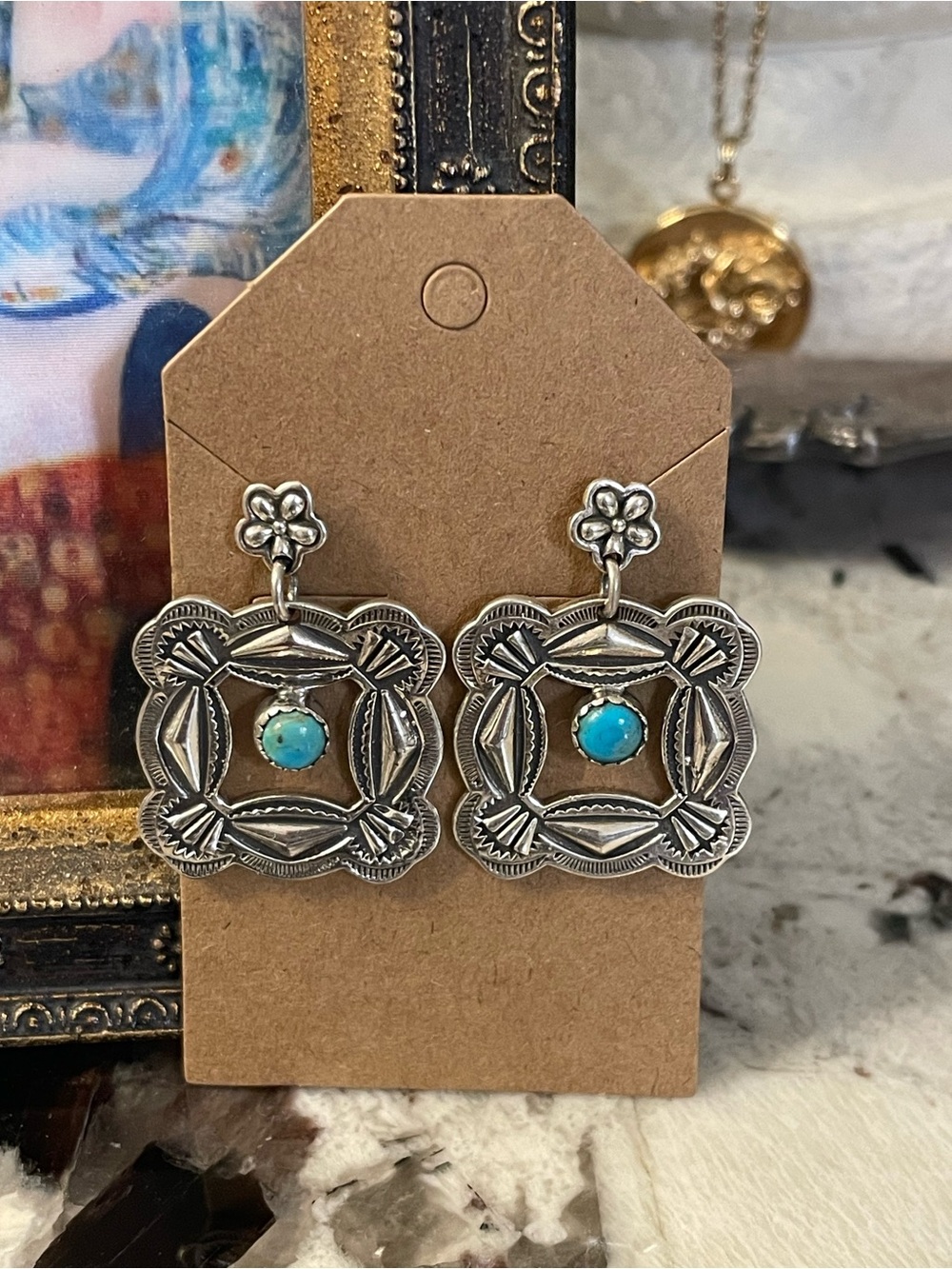 Concho Turquoise Sterling Silver Stamped Open Floral Square Drop Earrings 1 3/8”
